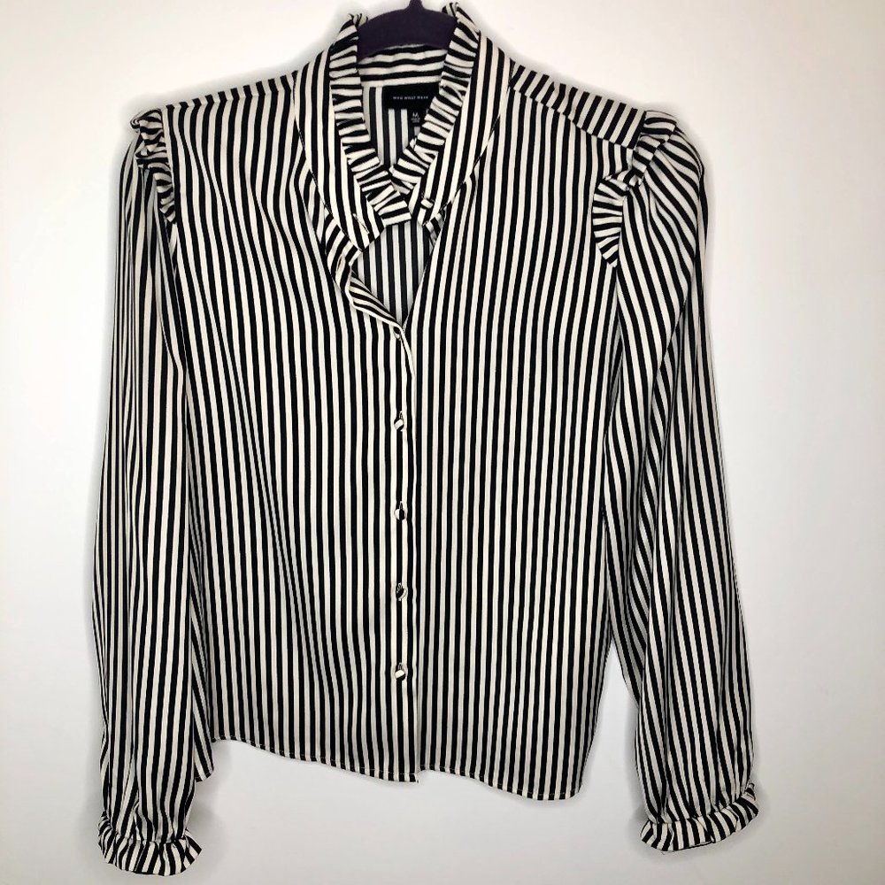 Who What Wear Women'sSilk Feel Stripe Button Shirt